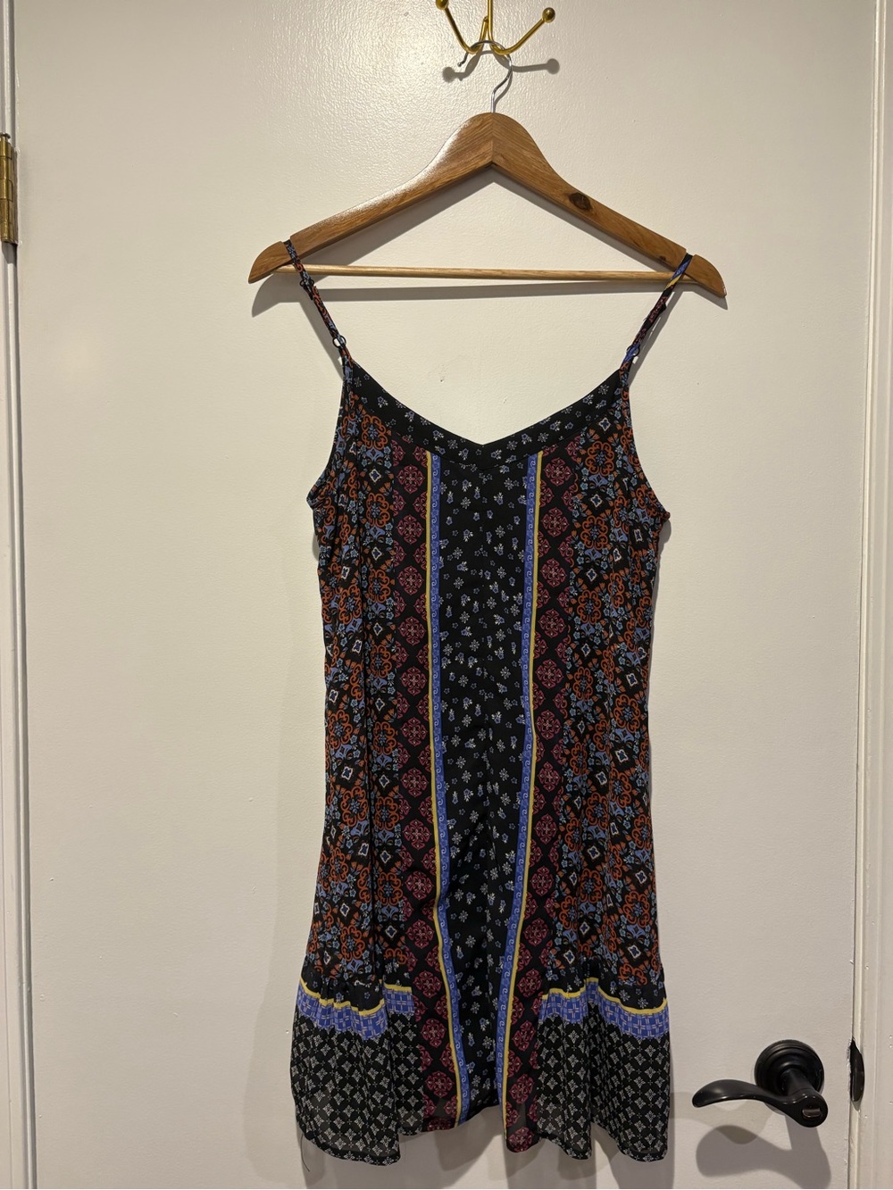 Boho Mixed-Print Spaghetti Strap Dress with Ruffle Hem in Black with Rust & Blue